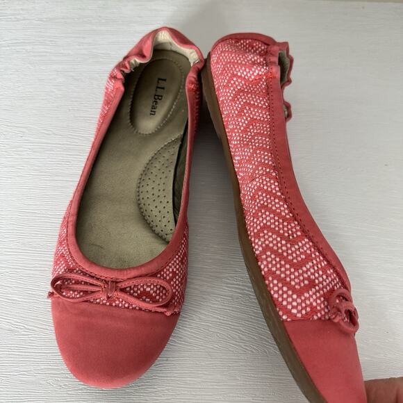 LL Bean Ballet Flats Women Size 8.5 Pink Polka Dot Chevron Stripe Leather Preppy - Picture 7 of 11